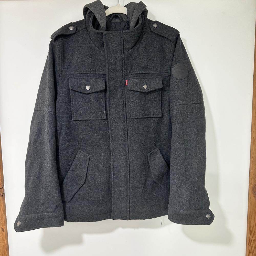 Levis Mens Wool Blend Hooded Field Jacket M Charcoal Gray Quilted Lined Coat